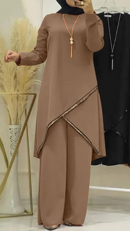 Two-piece long-sleeved O-neck long-sleeved shirt & wide-leg pants suit