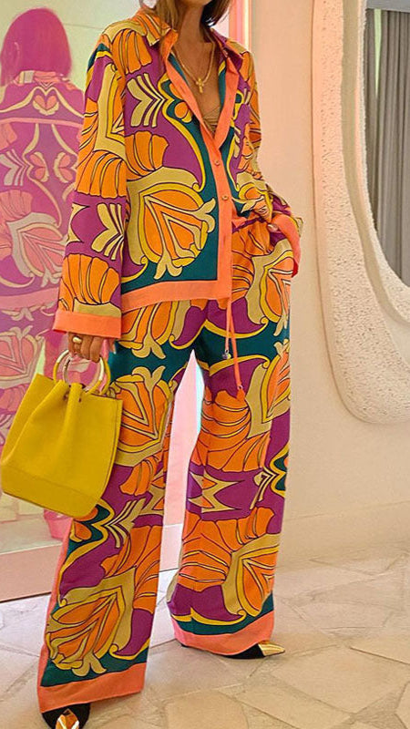 Summer Loose Print Long Sleeve Shirt & Ethnic Style Pants Casual Fashion Set