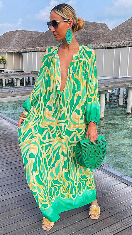V Neck Loose Long Sleeve Printed Dress