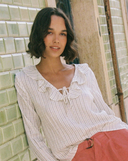 Tie Ruffle Neck Top - Ecru/Black Pinstripe